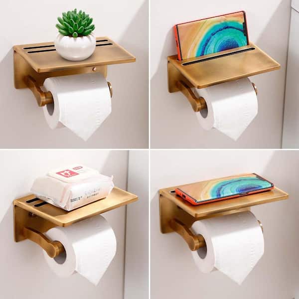Toilet Paper Holder With Shelf – Gold Anti-Rust Aluminum Tissue Roll Holder  With Phone Shelf For Modern Bathroom, 3M Self Adhesive No Drilling Or Wall  - Yahoo Shopping