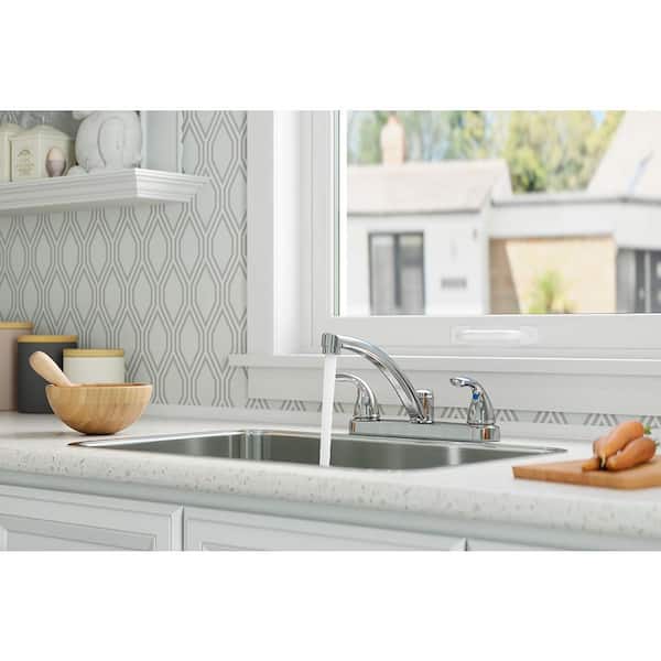 Double Handle Standard Kitchen Faucet with Lever Handles and Side Sprayer in Polished Chrome
