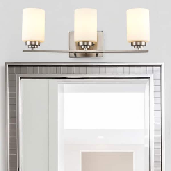 Mod Pod 22 in. 3-Light Brushed Nickel Bathroom Vanity Light Fixture with Frosted Glass Cylinder Shades