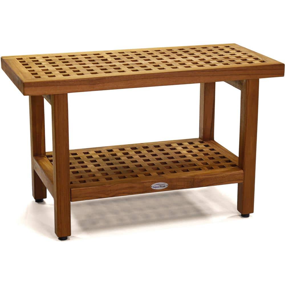 Original 30 in. x 14 in Grate Freestanding Teak Shower Bench with Shelf Wal