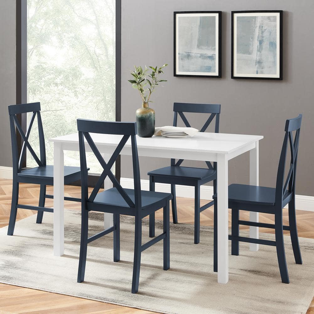 White and Navy X-Back Farmhouse Dining Set with 4 Chairs