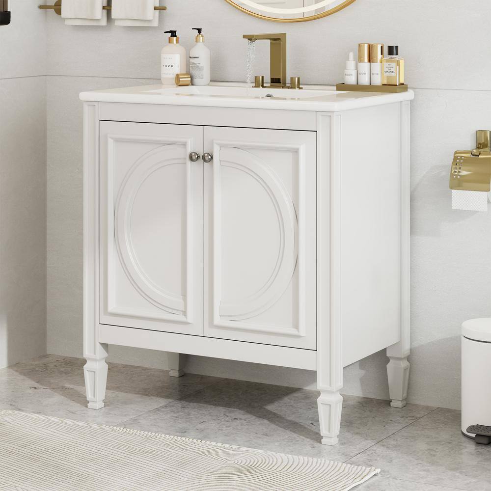 White Rubberwood 30" Bathroom Vanity with Ceramic Sink and Storage