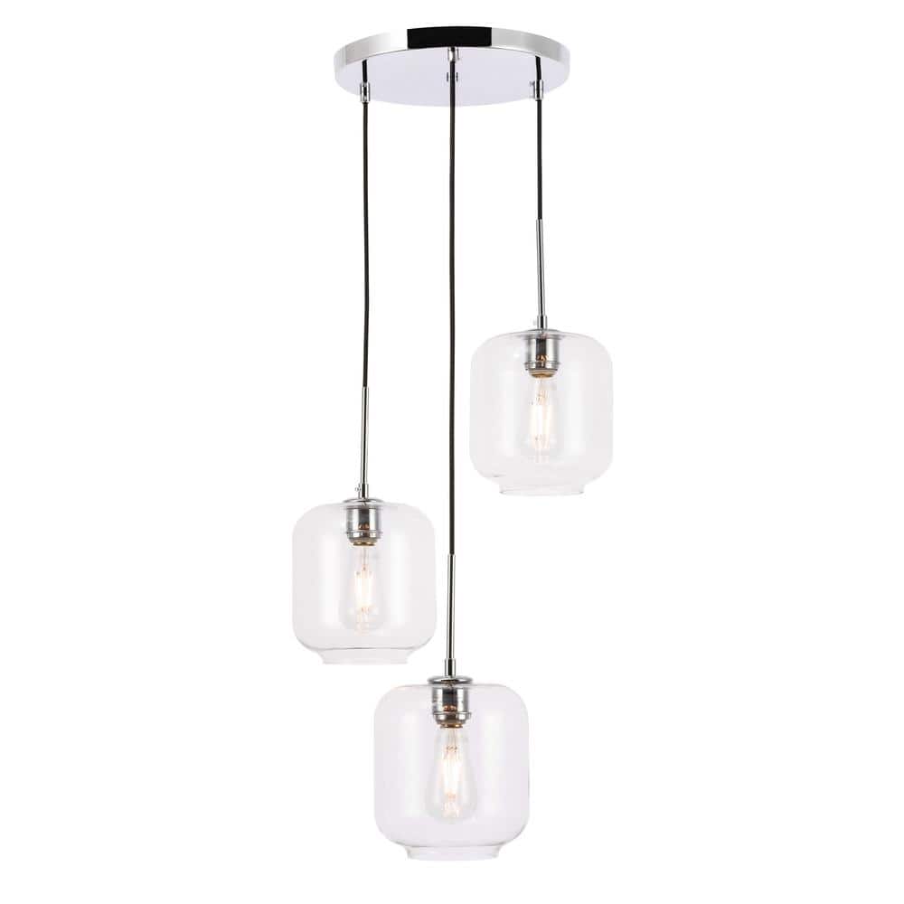 Timeless Home 17.5 in. 3-Light Chrome and Clear Glass Pendant Light, Bulbs 