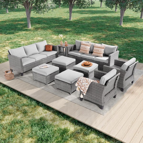 JOYESERY 9-Piece Gray Wicker Outdoor Seating Sofa Set with Coffee Table, Linen Grey Cushions