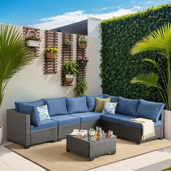 Hot Sale Black 7‑Piece Wicker Outdoor Sectional Set Patio Conversation Set with Blue Cushions for Backyard, Deck