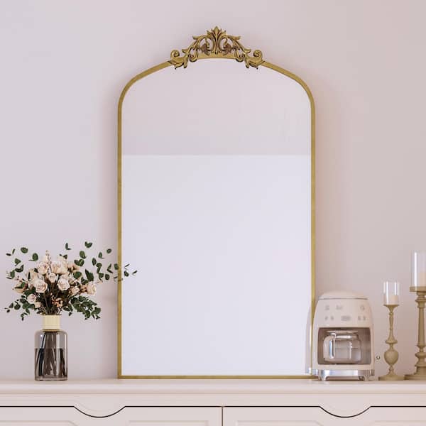 Antique Brown 24 in. W x 43 in. H Vintage Arched Floor Mirror, Baroque Metal Frame, Entryway and Living Room Decor