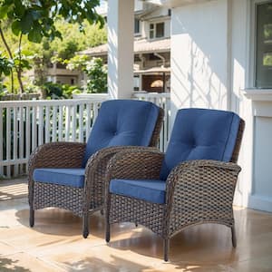 Carlos 2-Piece Brown Wicker Patio Club Chair Outdoor Lounge Chair with Blue Thick Deep Cushions