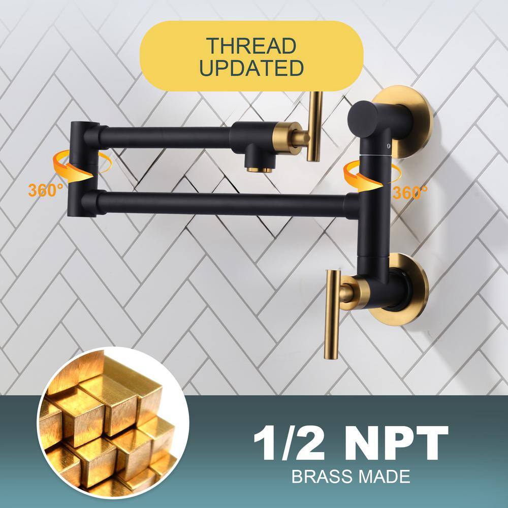 Black and Gold Brass Wall Mounted Pot Filler with Double Handle
