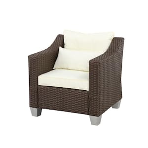 Wicker Outdoor Lounge Chair with White Cushions and Pillow