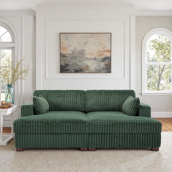 84.3 in. Modern Square Arm Faux Rabbit Fur Fabric Upholstered Sectional Sofa in. Green