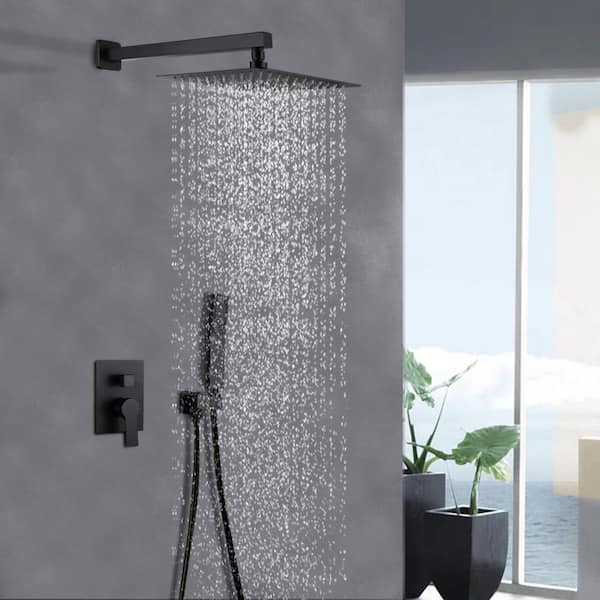 1-Spray 10 in. Wall Mount Dual Shower Heads with Handheld Built-In Shower System in Black
