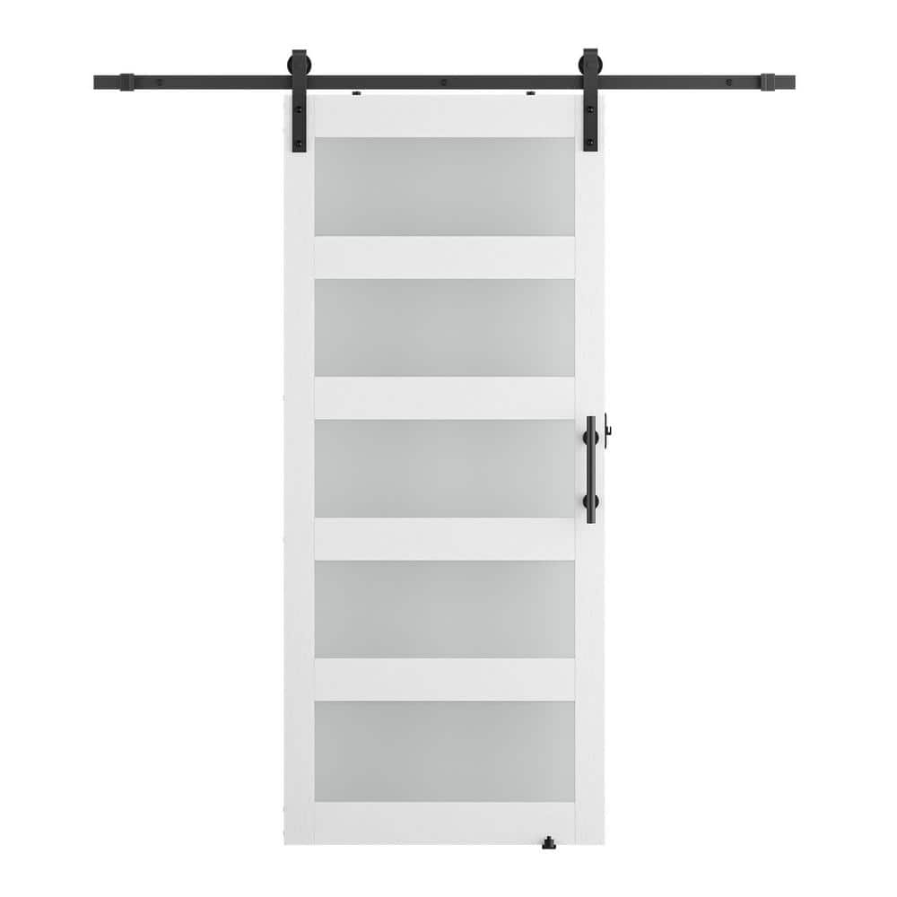 24 in. x 84 in. 5-Panel Frosted Glass White Prefinished MDF Interior Slidin