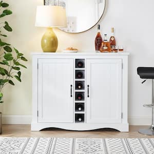 47 in. White Wood Buffet Bar Cabinet with Wine Rack with Marbling Pattern Countertop