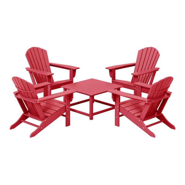 Altura Fade Resistant HDPE Plastic Red 5-Piece Adirondack Chair Outdoor Patio Conversation Set, Square Coffee Table