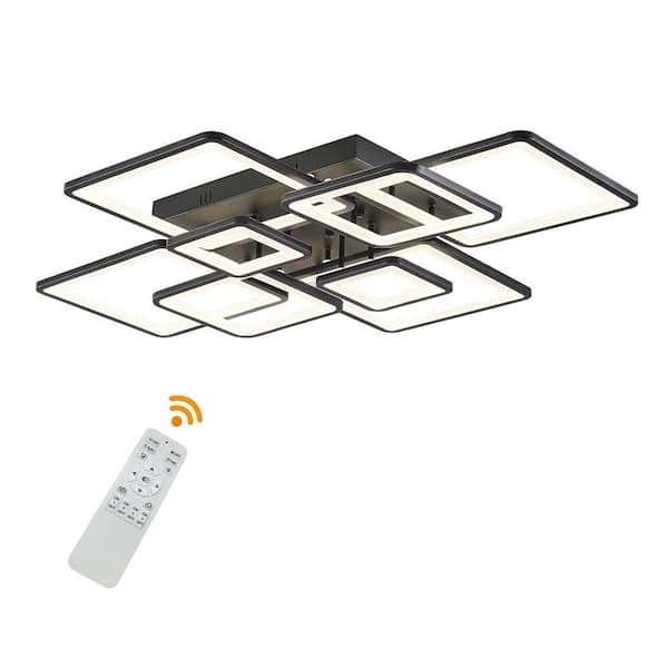 OUKANING 39.4 in. Modern Black Square Flush Mount Dimmable Integrated LED Ceiling Light with Remote, for Living Room, Bedroom