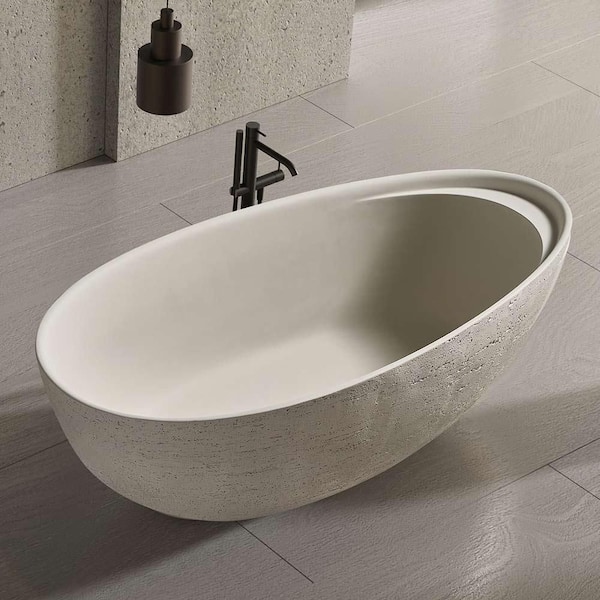 67 in. x 31 in. Engineered Stone Flatbottom Freestanding Soaking Bathtub with Travertine Texture in Off White (Linen)