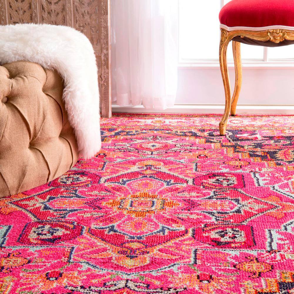 Rosie Pink Round Synthetic Bohemian Area Rug - 4' Diameter