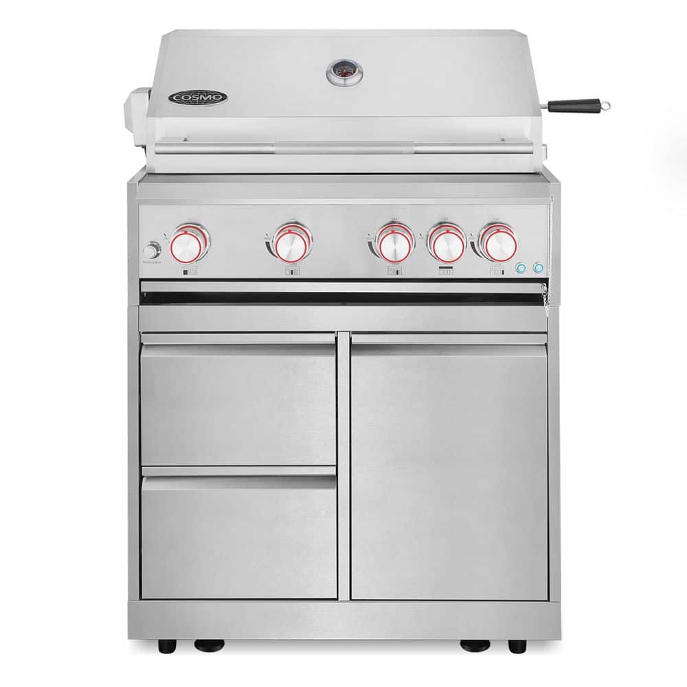32 in. Newport Collection 4-Burner Propane Gas Grill and Grill Cabinet, Rotisserie, Storage Drawers, Stainless Steel