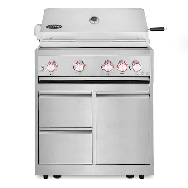 32 in. Newport Collection Portable Propane Gas Grill and Grill Cabinet, 5 Burners, Rotisserie, Drawers, Stainless Steel