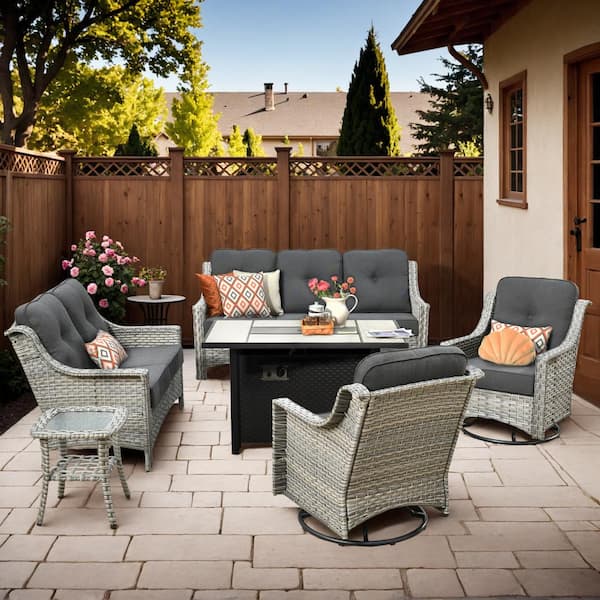 Toject Eureka Gray 6-Piece Wicker Outdoor Patio Conversation Sofa Loveseat Set with a Metal Fire Pit and Black Cushions