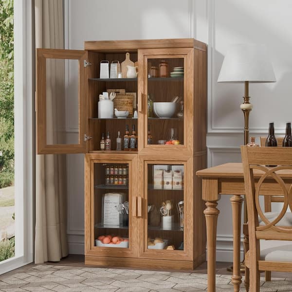 Natural Wood 31 in. W x 62 in. H Classic Kitchen Pantry Cabinet with Glass Doors and Adjustable Shelves
