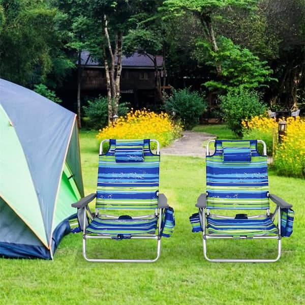 2 Pack of Aluminum Folding Beach Chair with Cup Holder Headrest Storage Bag for Outdoor Striped Blue