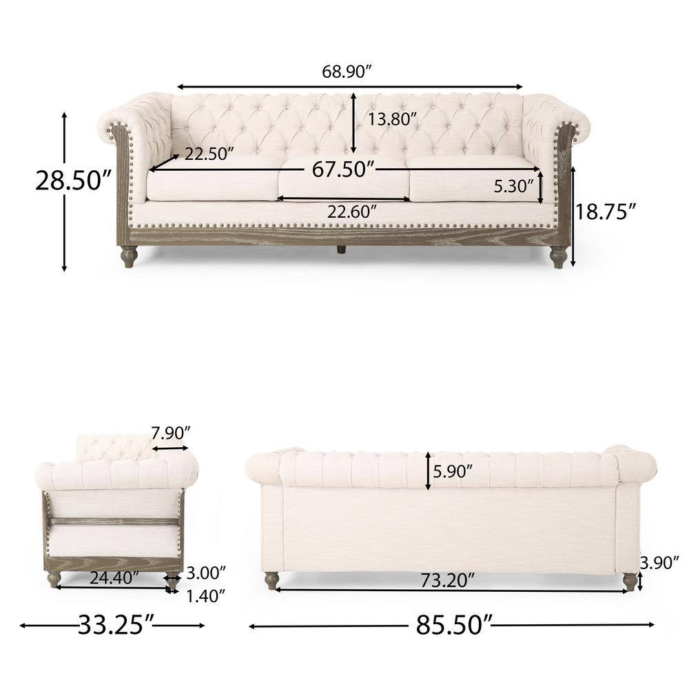 Beige Tufted Chesterfield Sofa with Nailhead Accents and Wood Frame