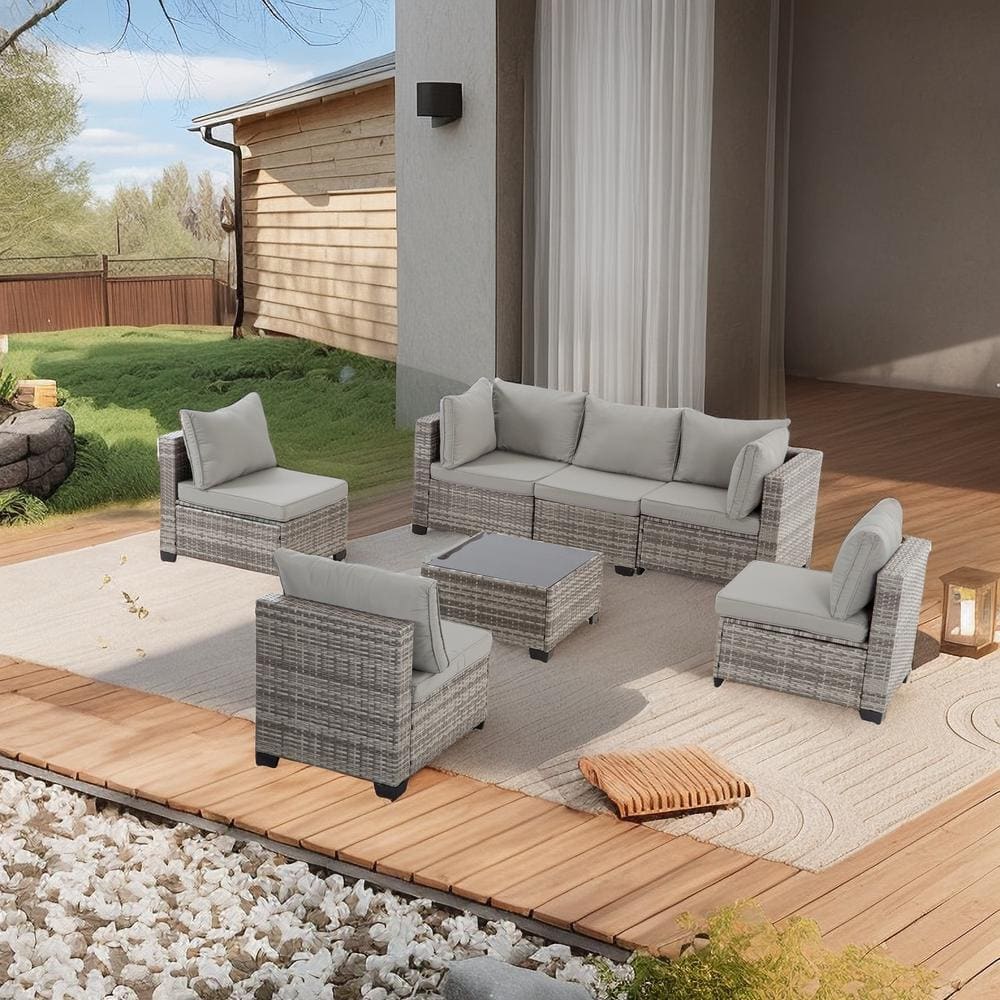 Gray Rattan Wicker 6 Seat 7-Piece Steel Patio Outdoor Sectional Set with Gr