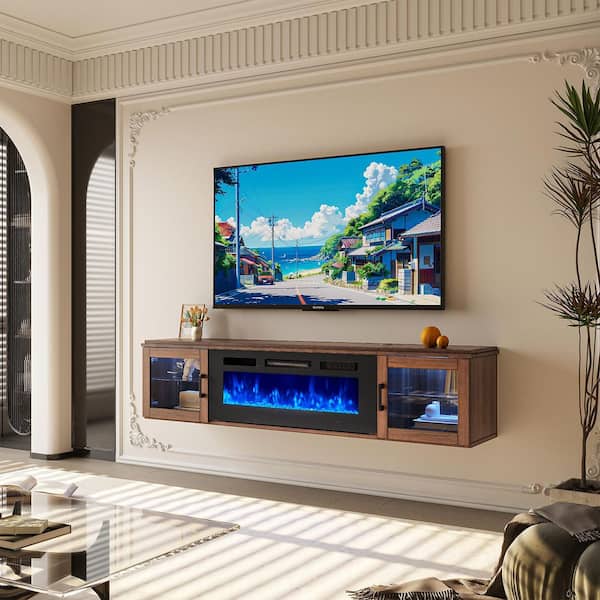 70 in. Wall Mount Modern Electric Fireplace TV Stand with Open Storage Shelves in Brown