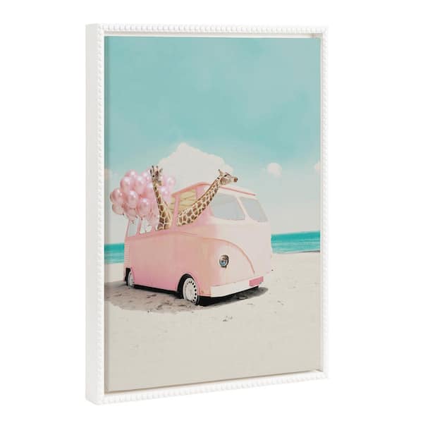 Kate and Laurel Modern Giraffe Beach Van Framed Canvas Wall Art 1-Piece White Framed Canvas Art Print, 18 in. x 24 in.