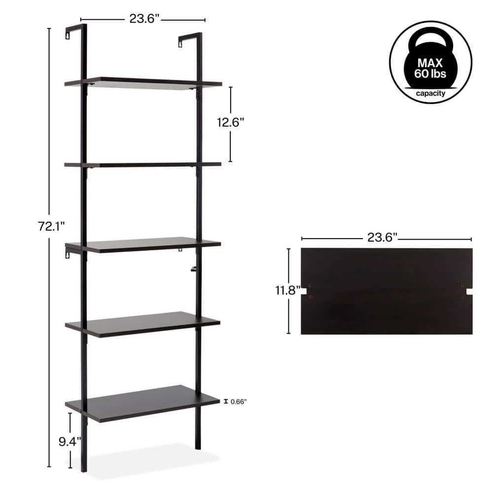 Madera Tall Black Wood and Metal Ladder Bookcase with 5 Shelves