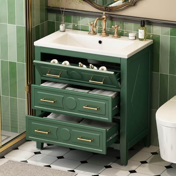 30 in. W x 18 in. D x 34 in. H Single Sink Freestanding Bath Vanity in Green with White Resin Top and 3 Drawers