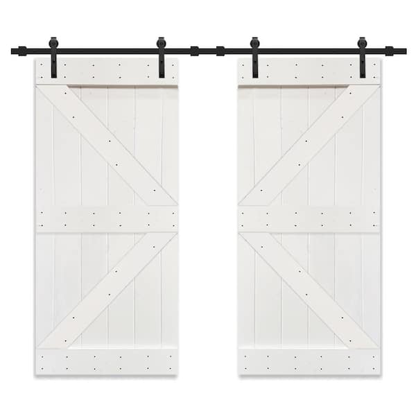 CALHOME K Series 72 in. x 84 in. White Stained Solid Knotty Pine Wood Double Interior Sliding Barn Doors with Hardware Kit