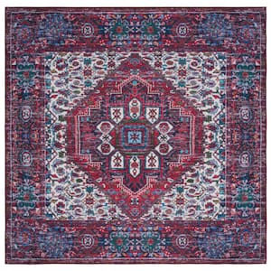 Tucson Red/Blue 6 ft. x 6 ft. Machine Washable Border Medallion Distressed Square Area Rug