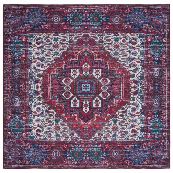 SAFAVIEH Tucson Red/Blue 6 ft. x 6 ft. Machine Washable Border Medallion Distressed Square Area Rug
