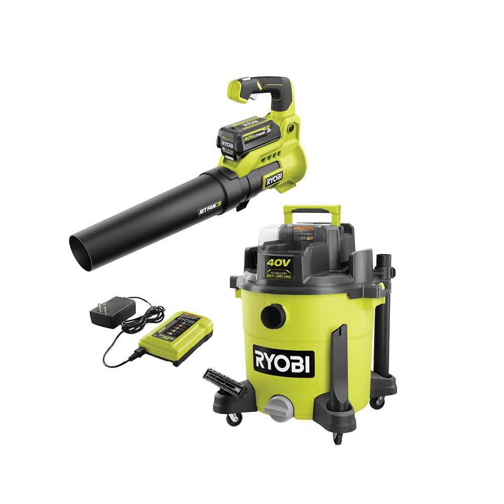 RYOBI 40V 10 Gal. Cordless Wet/Dry Vacuum with 40V Variable-Speed Jet Fan Leaf Blower, 4.0 Ah Battery, and Charger, Greens