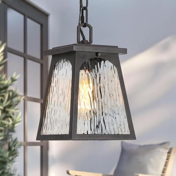 LNC 11 in. 1-light Rusty Bronze Geometric Outdoor Pendant Light with Rippled Glass Hanging Lantern for Covered Outdoor Areas