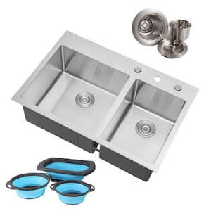 Stainless Steel 33 in. 16-Gauge Topmount 60/40 Double Bowl Drop-In Kitchen Sink in Brushed Stainless Steel w/Accessories