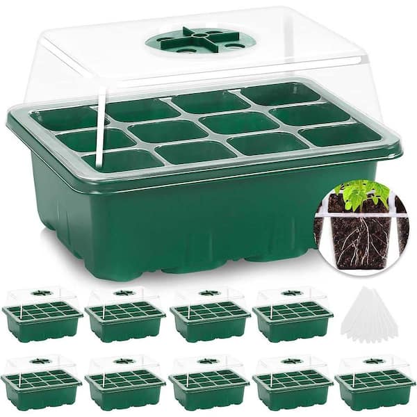 Phewnyzo 10-Pack Seed Starter Tray Kit with Humidity Dome 120 Cells Total Mini Greenhouse Germination for Seeds Growing