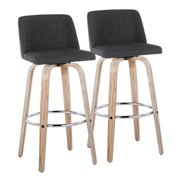 Lumisource Toriano 29.5 in. Charcoal Fabric, Whitewashed Wood and Chrome Metal Fixed-Height Bar Stool (Set of 2)
