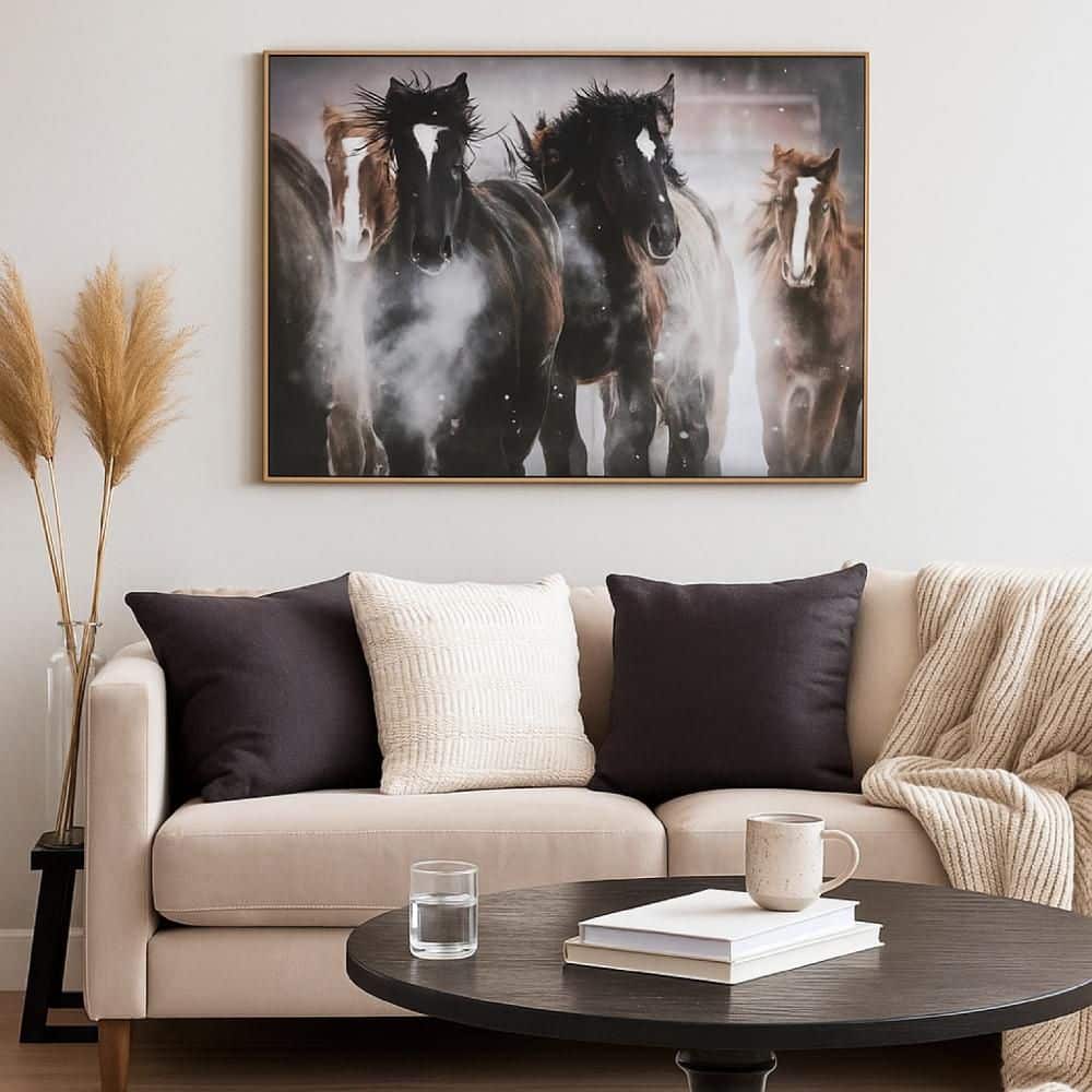 Benjara Framed Hose Wall Art Poster Painting of Running Horses 36