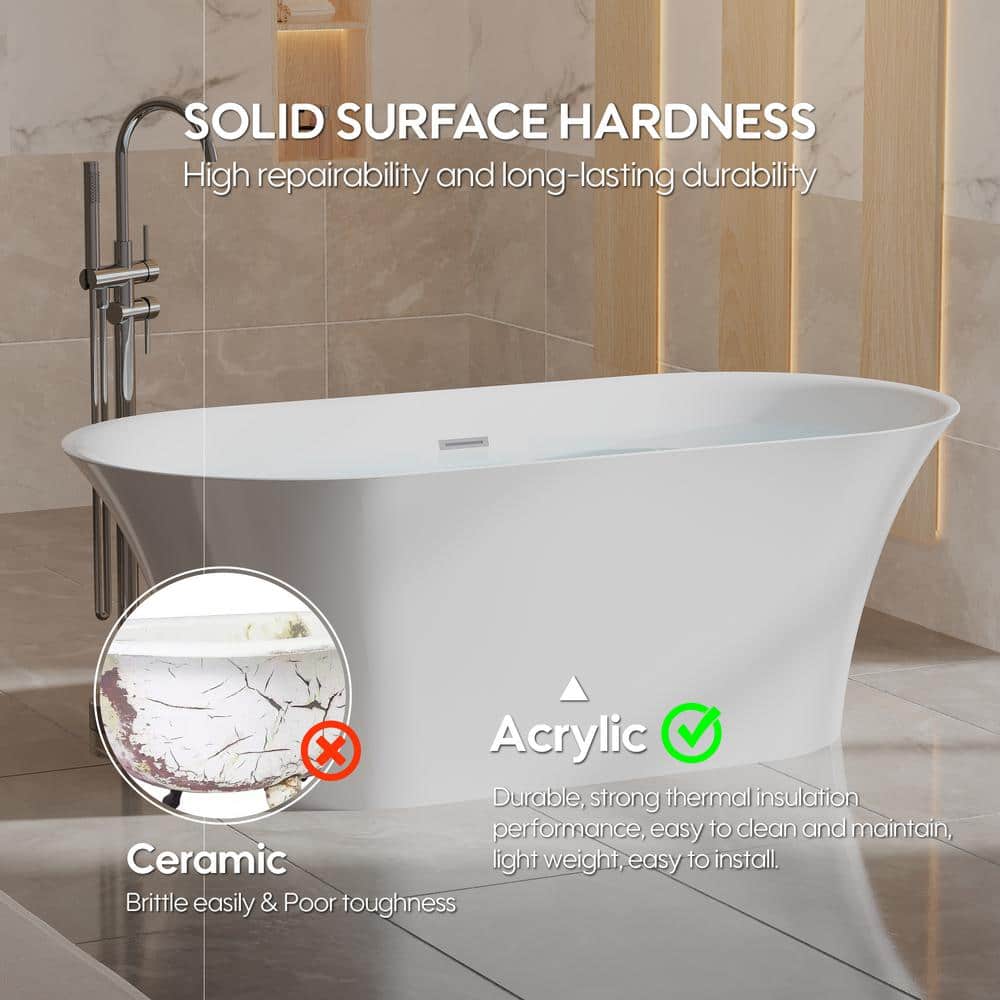 67-Inch Glossy White Acrylic Freestanding Soaking Bathtub with Chrome Drain