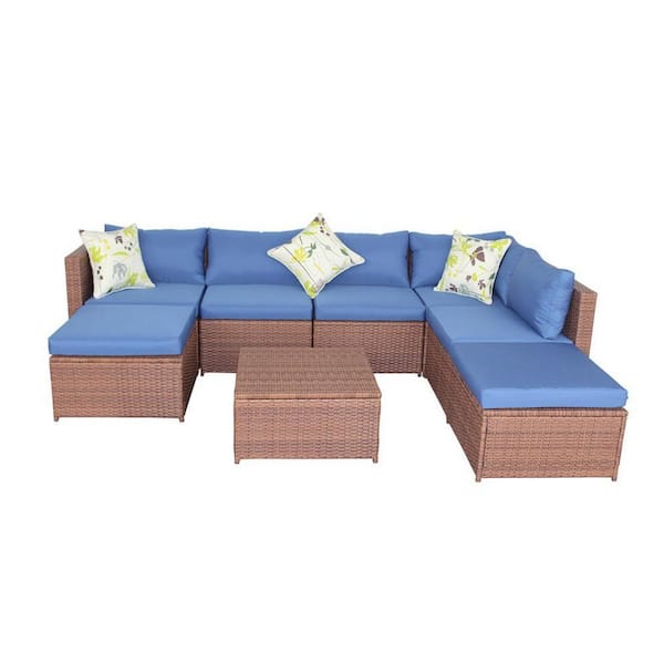 maocao hoom Brown 6-Piece Wicker Patio Conversation Set with Blue Cushions