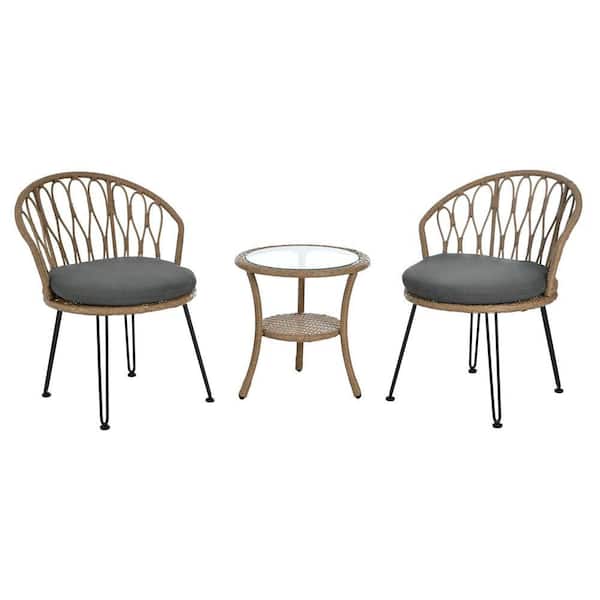 3-Piece Wicker Outdoor Bistro Set with Grey Cushion Patio Chairs and ...