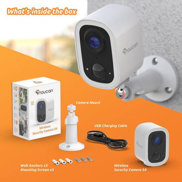 Toucan S4 Wireless Outdoor Smart Battery Operated Security Camera Wi-Fi Night Vision 2-Way Talk Live View, White