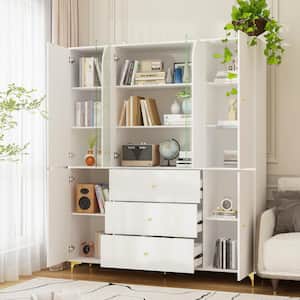 74.8 in. Tall x 63 in. W White Wood 13-Shelf Accent Bookcase Bookshelf With Adjustable Shelves, Glass Doors and Drawers