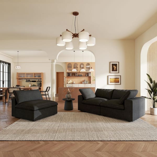 Deep Seat Cloud Couches 3-Piece Black Linen Convertible Living Room Set Loveseat and Sofa in Black with Washable Covers