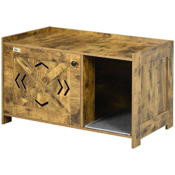 PawHut Litter Box Enclosure, Industrial Cat Litter Box Furniture with Door and Scratching Pad, Bedroom, Hallway, Rustic Brown