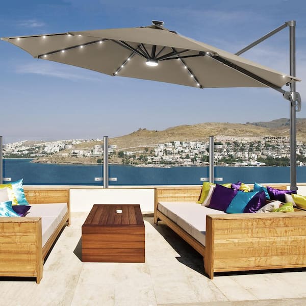 JOYESERY 10 ft. Solar LED Cantilever Patio Umbrella with Cross Base, Outdoor Offset Hanging 360° in Taupe