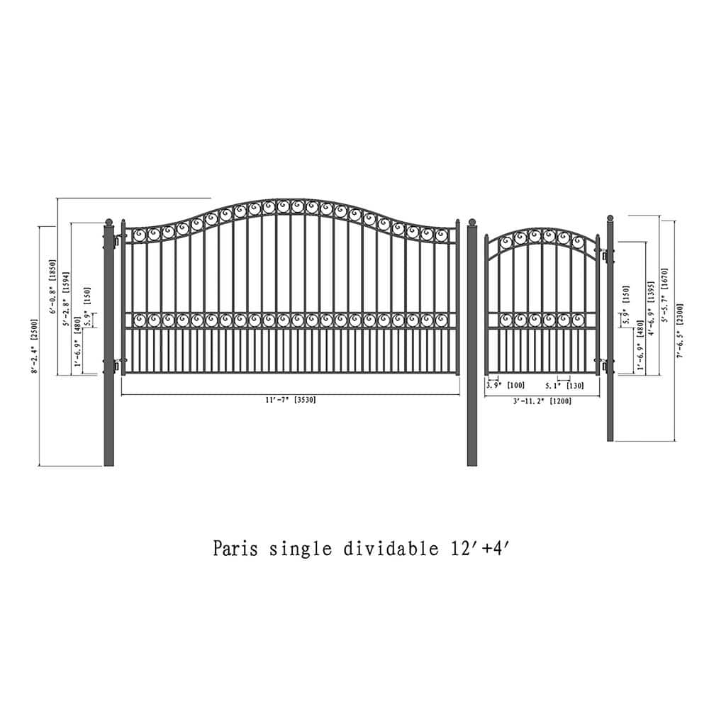 Paris Style Black Steel 12' Driveway Gate with Pedestrian Gate
